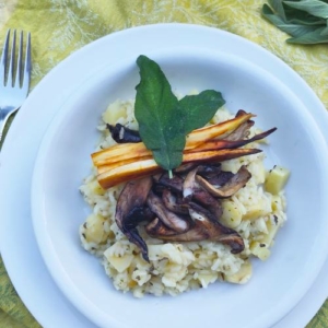 Risotto met pastinaak, gemengde paddenstoelen en gefrituurde salie